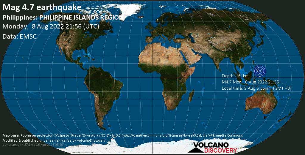 Séisme faible mag. 4.7 - Philippine Sea, 95 km à l\'est de Mati, Province of Davao Oriental, Philippines, mardi,  9 août 2022 05:56 (GMT +8)