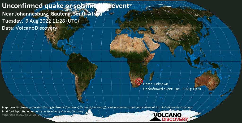 Unconfirmed earthquake or seismic-like event: 2.3 km northeast of Westonaria, South Africa, Tuesday, Aug 9, 2022 at 1:28 pm (GMT +2)