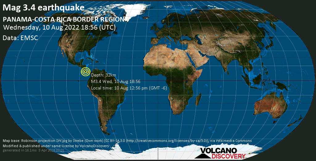 Sismo débil mag. 3.4 - 10.9 km NNE of San Vito, Coto Brus, Provincia de Puntarenas, Costa Rica, miércoles, 10 ago 2022 12:56 (GMT -6)
