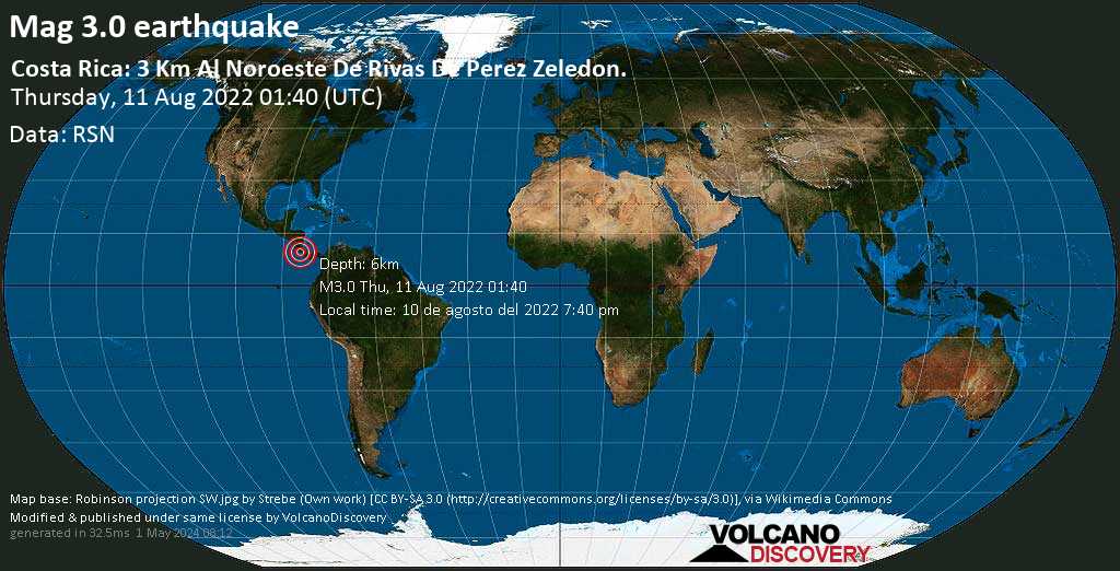 Terremoto leve mag. 3.0 - 8.9 km NNE of San Isidro, Pérez Zeledon, Provincia de San José, Costa Rica, miércoles, 10 ago 2022 19:40 (GMT -6)