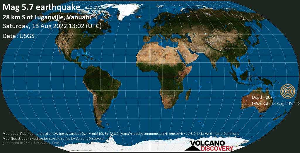 Terremoto forte mag. 5.7 - Coral Sea, 35 km a sud da Santo, Luganville, Sanma Province, Vanuatu, domenica, 14 ago 2022 00:02 (GMT +11)