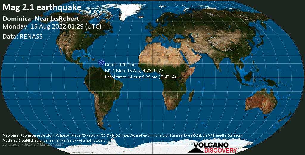 Minor mag. 2.1 earthquake - Caribbean Sea, 48 km east of Roseau, Saint George, Dominica, on Sunday, Aug 14, 2022 at 9:29 pm (GMT -4)