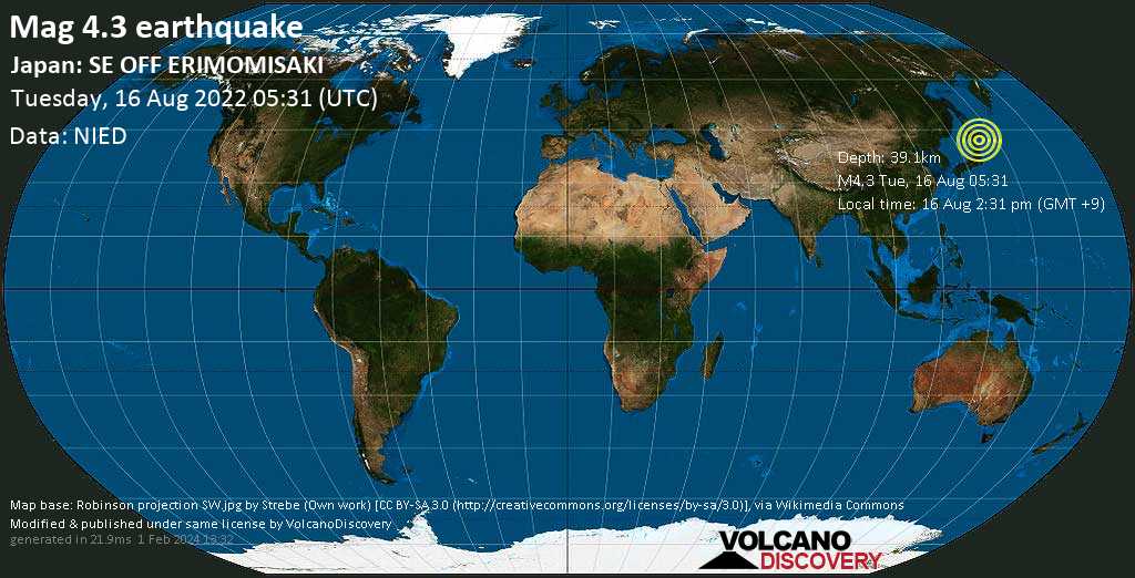 Light mag. 4.3 earthquake - North Pacific Ocean, 95 km southeast of Shizunai-furukawachō, Japan, on Tuesday, Aug 16, 2022 at 2:31 pm (GMT +9)