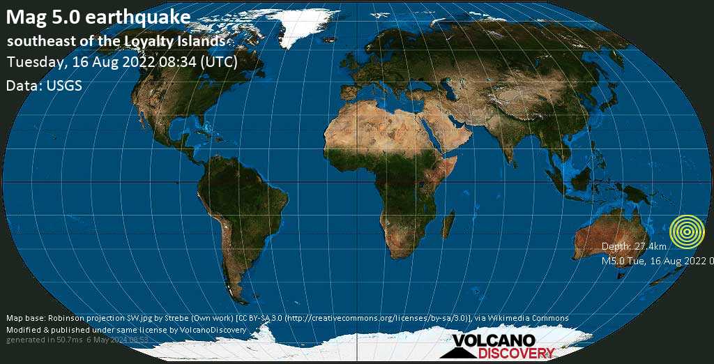 Moderates Erdbeben der Stärke 5.0 - South Pacific Ocean, Neukaledonien, am Dienstag, 16. Aug 2022 um 19:34 Lokalzeit