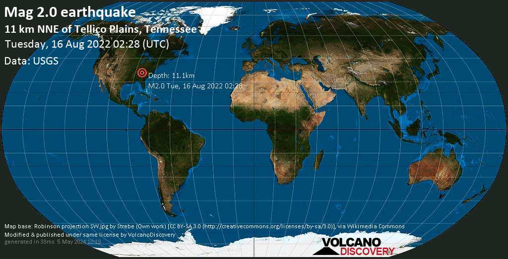Séisme mineur mag. 2.0 - 11 Km NNE of Tellico Plains, Tennessee, lundi, 15 août 2022 22:28 (GMT -4)