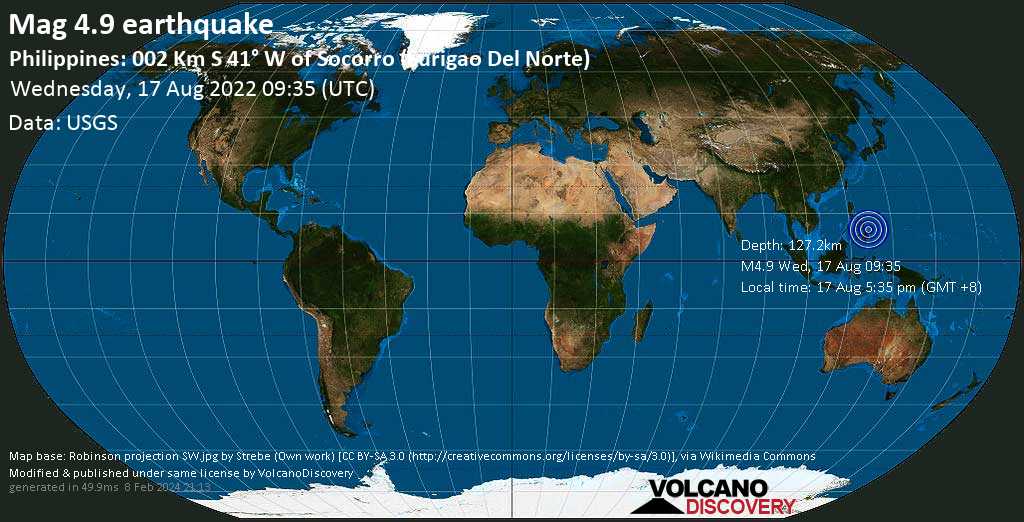 Sismo leggero mag. 4.9 - Philippine Sea, 44 km a est da Surigao City, Filippine, mercoledì, 17 ago 2022 17:35 (GMT +8)