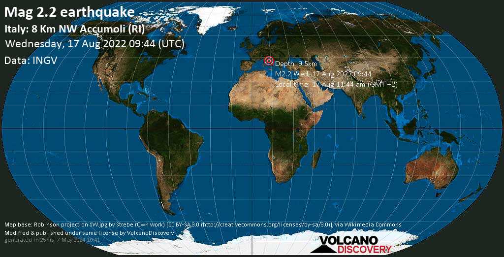 Weak mag. 2.2 earthquake - The Marches, 8.3 km southeast of Norcia, Provincia di Perugia, Umbria, Italy, on Wednesday, Aug 17, 2022 at 11:44 am (GMT +2)