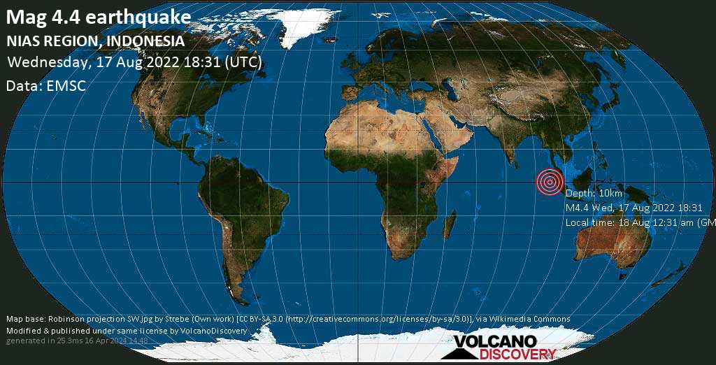 Terremoto moderato mag. 4.4 - Indian Ocean, 296 km a sud ovest da Sibolga, Sumatra Settentrionale, Indonesia, giovedì, 18 ago 2022 00:31 (GMT +6)