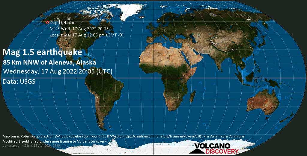 Minor mag. 1.5 earthquake - 85 Km NNW of Aleneva, Alaska, on Wednesday, Aug 17, 2022 at 12:05 pm (GMT -8)