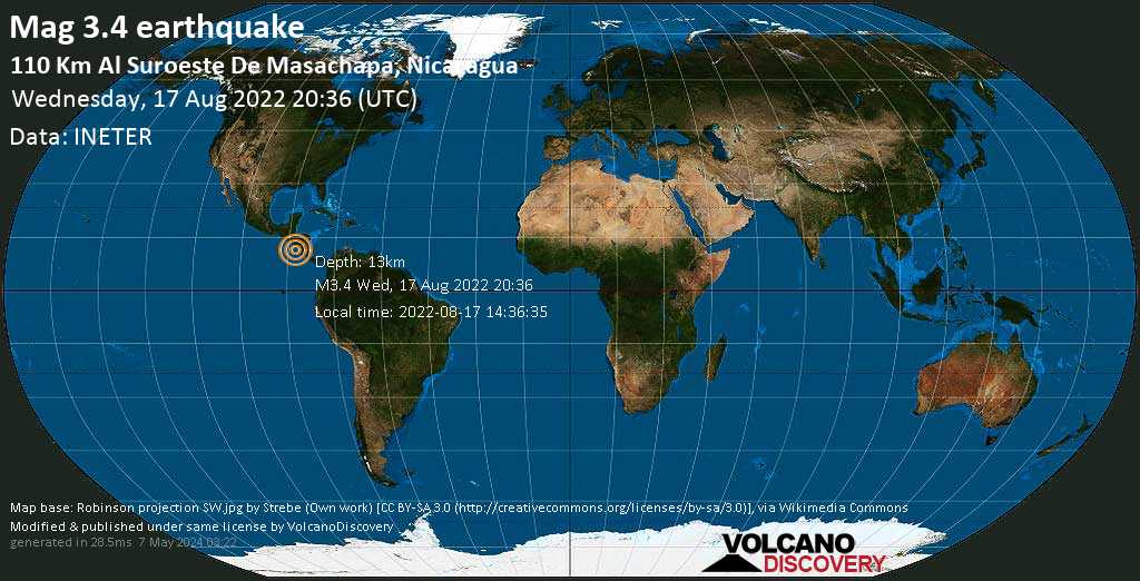 Ελαφρύς σεισμός μεγέθους 3.4 - North Pacific Ocean, 156 km νοτιοδυτικά από Μανάγκουα, Νικαράγουα, Τετάρτη, 17 Αυγ 2022 14:36 (GMT -6)