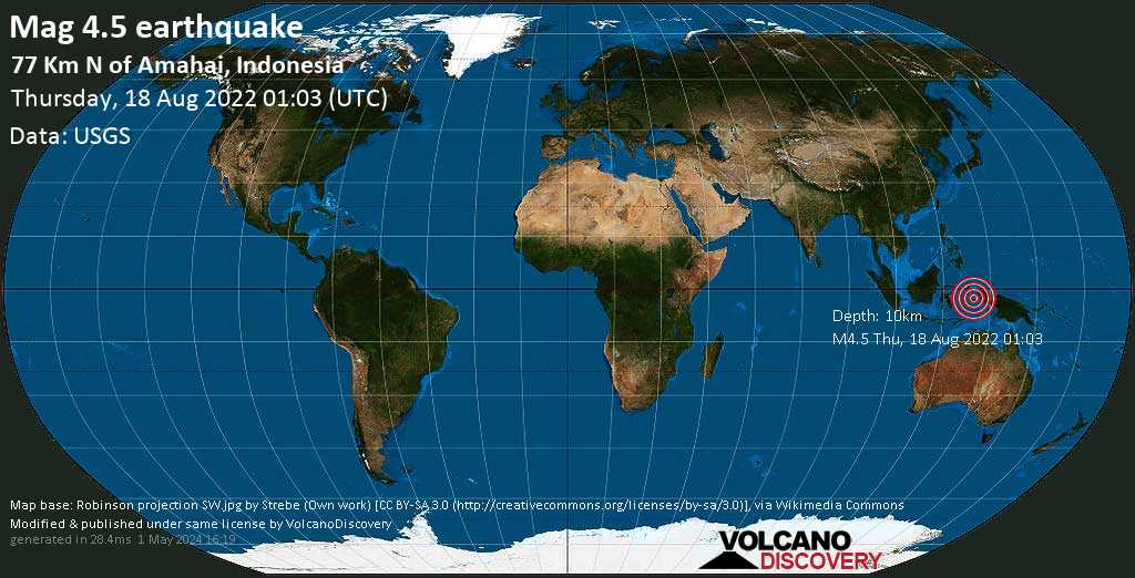 Terremoto moderato mag. 4.5 - Ceram Sea, 78 km a nord da Amahai, Maluku, Indonesia, giovedì, 18 ago 2022 10:03 (GMT +9)