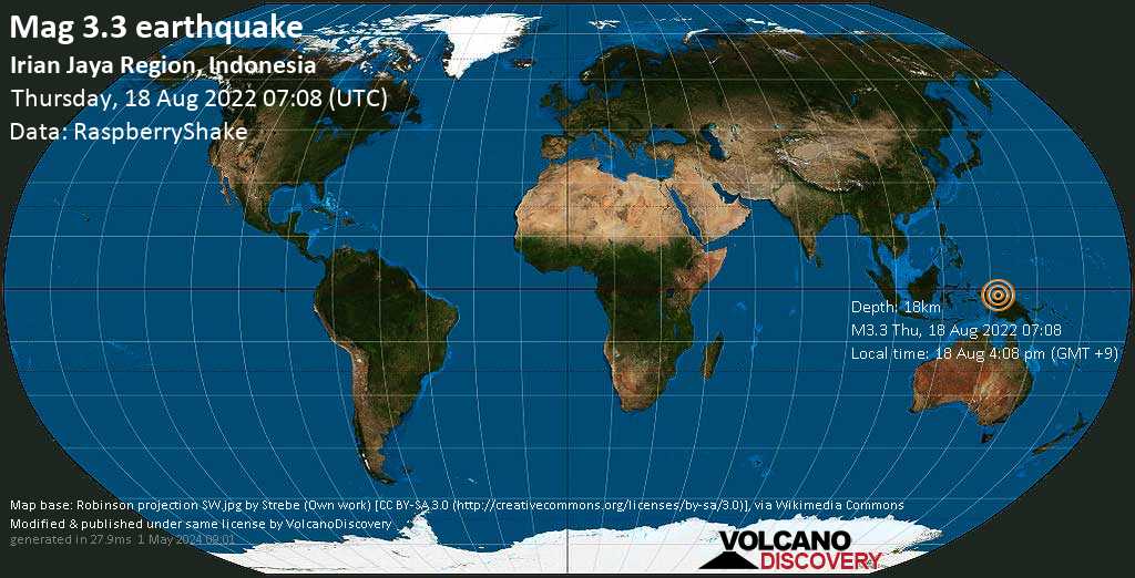 Leichtes Erdbeben der Stärke 3.3 - South Pacific Ocean, Indonesien, am Donnerstag, 18. Aug 2022 um 16:08 Lokalzeit