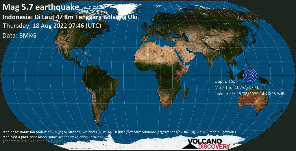 Moderate mag. 5.7 earthquake - Molucca Sea, 139 km south of Manado, North Sulawesi, Indonesia, on Thursday, Aug 18, 2022 at 3:46 pm (GMT +8)