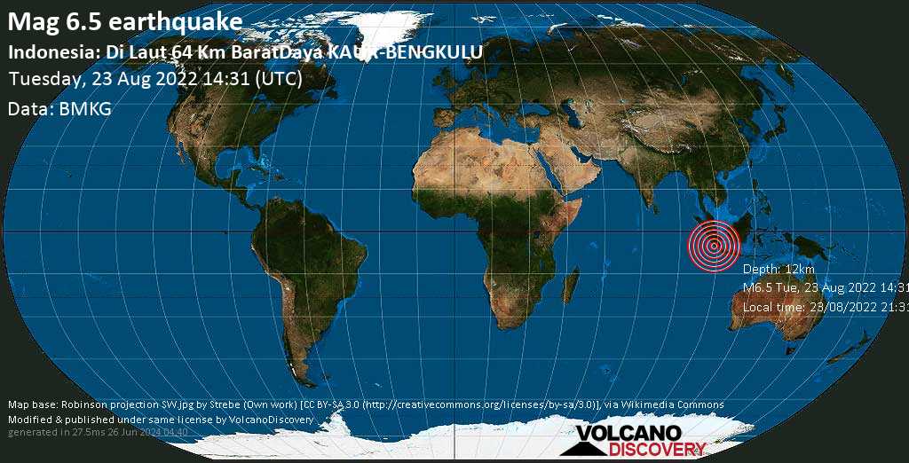 Very strong mag. 6.5 earthquake - Indian Ocean, 175 km southeast of Benkulu, Bengkulu, Indonesia, on Tuesday, Aug 23, 2022 at 9:31 pm (GMT +7)