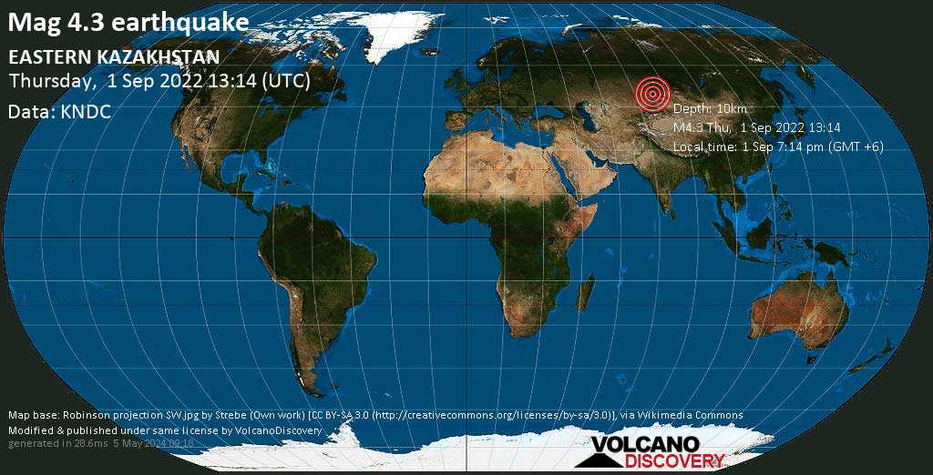 Terremoto moderado mag. 4.3 - 68 km SE of Georgievka, Zharma District, East Kazakhstan, jueves,  1 sep 2022 19:14 (GMT +6)