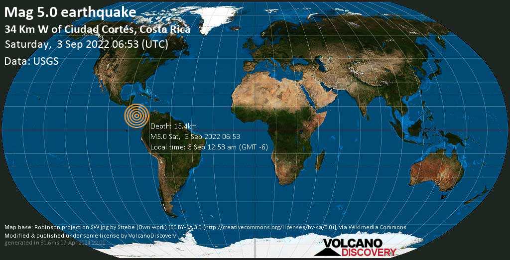 Сильное землетрясение магнитудой 5.0 - North Pacific Ocean, 44 km к югу от San Isidro, Коста-Рика, Суббота,  3 сен 2022 00:53 (GMT -6)