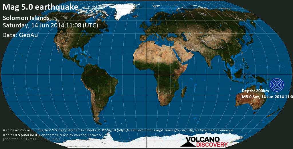 Moderate mag. 5.0 earthquake - Solomon Islands on Saturday, 14 June 2014 at 11:08 (GMT)
