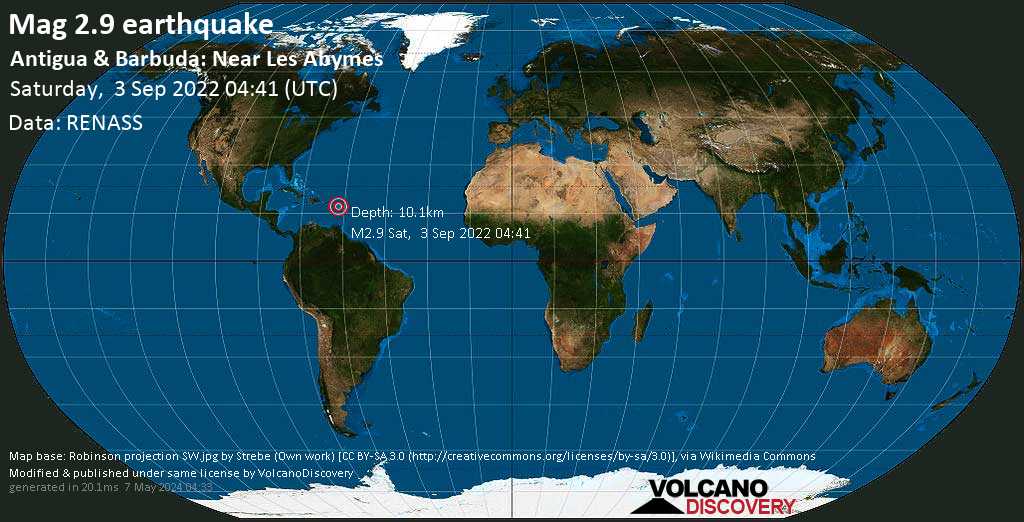 Weak mag. 2.9 earthquake - Caribbean Sea, 28 km south of Saint John, Antigua & Barbuda, on Saturday, September 3, 2022 at 04:41 GMT