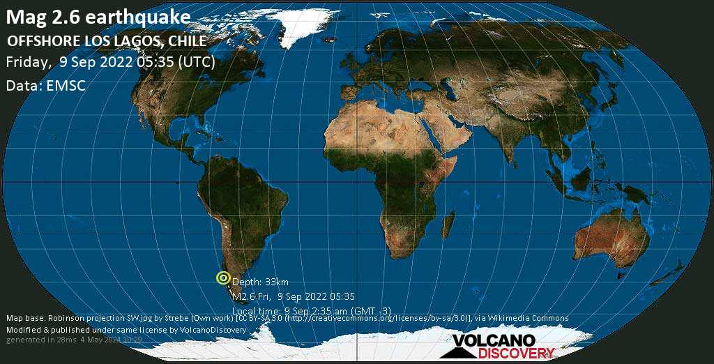 Minor mag. 2.6 earthquake - South Pacific Ocean, 42 km southwest of Castro, Chiloe, Los Lagos, Chile, on Friday, Sep 9, 2022 at 2:35 am (GMT -3)