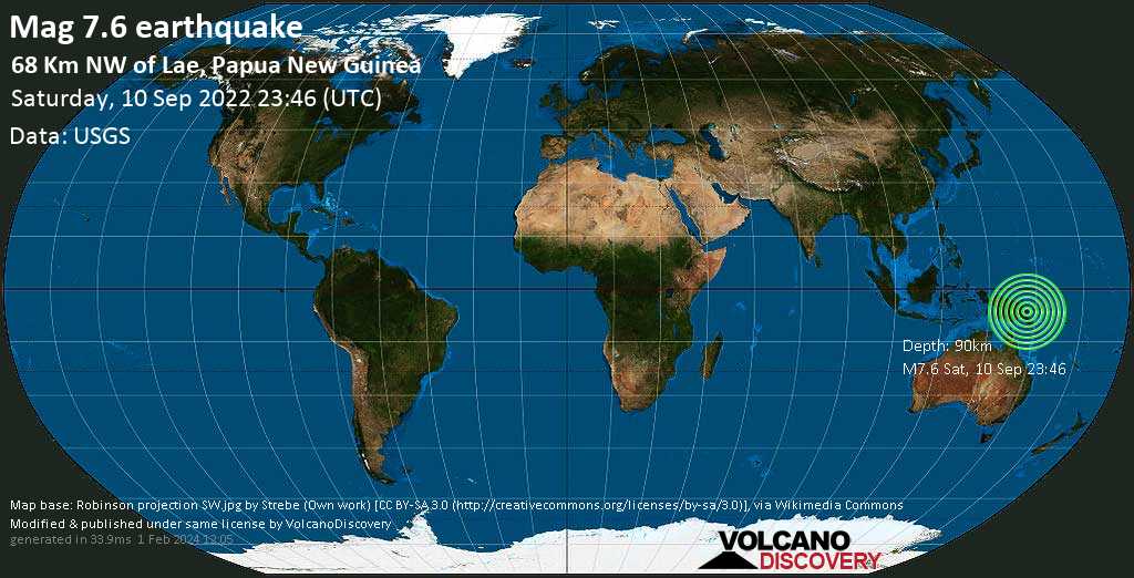 Major magnitude 7.6 earthquake - 80 km northwest of Lae, Morobe Province, Papua New Guinea, on Sunday, Sep 11, 2022 at 9:46 am (GMT +10)
