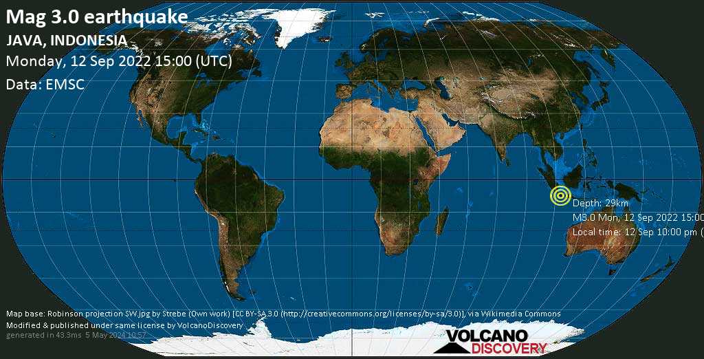 Weak mag. 3.0 earthquake - 31 km southwest of Banjar, West Java, Indonesia, on Monday, Sep 12, 2022 at 10:00 pm (GMT +7)