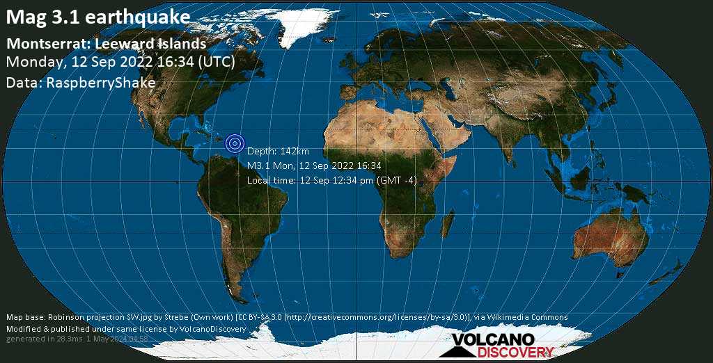 Minor mag. 3.1 earthquake - Caribbean Sea, 26 km northwest of Brades, Parish of Saint Peter, Montserrat, on Monday, Sep 12, 2022 at 12:34 pm (GMT -4)
