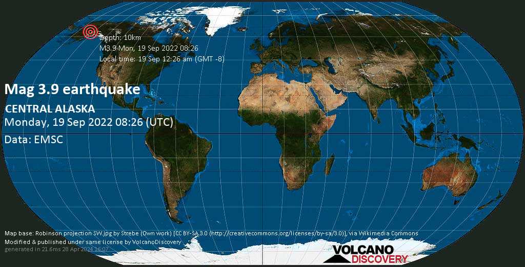 Terremoto moderato mag. 3.9 - 173 km a nord ovest da Alaska City, Anchorage, Alaska, Stati Uniti, lunedì, 19 set 2022 00:26 (GMT -8)