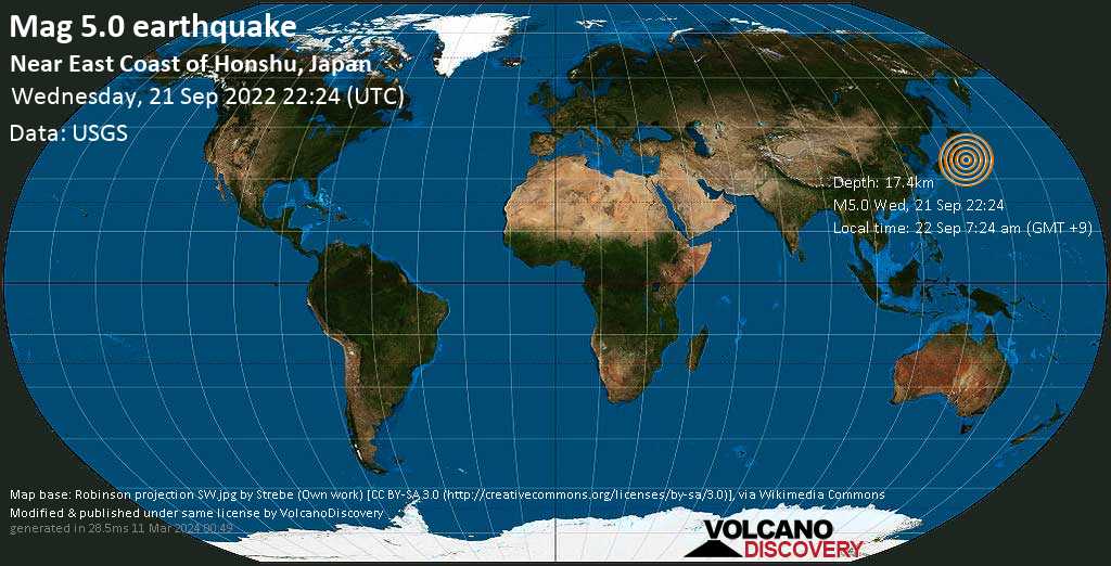 Сильное землетрясение магнитудой 5.0 - North Pacific Ocean, 89 km к востоку от Мобара, Япония, Четверг, 22 сен 2022 07:24 (GMT +9)