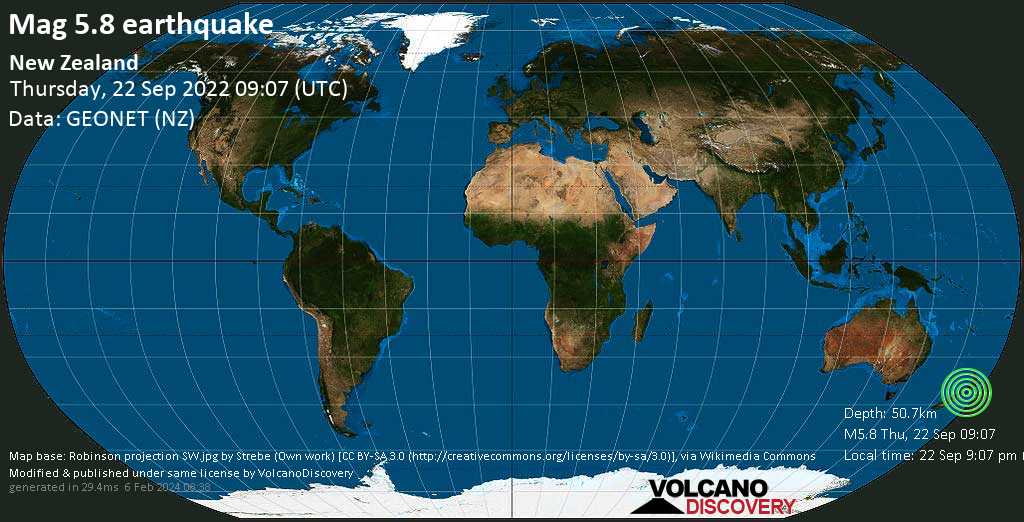 Terremoto forte mag. 5.8 - Tasman Sea, 72 km a nord ovest da Wellington, Nuova Zelanda, giovedì, 22 set 2022 21:07 (GMT +12)