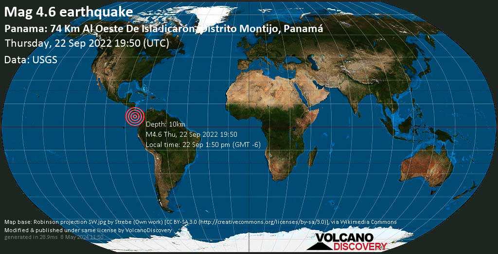 Séisme modéré mag. 4.6 - Océan Pacifique Nord, 190 km au sud de David, Provincia de Chiriqui, Panama, jeudi, 22 sept. 2022 14:50 (GMT -5)