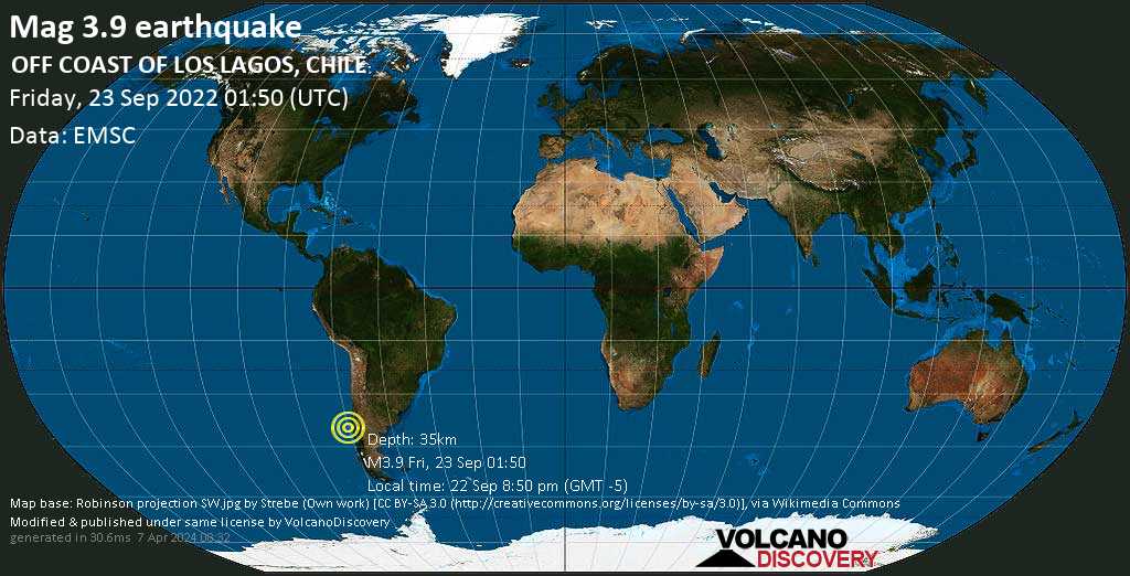 Light mag. 3.9 earthquake - South Pacific Ocean, 150 km west of Valdivia, Los Rios Region, Chile, on Thursday, Sep 22, 2022 at 8:50 pm (GMT -5)