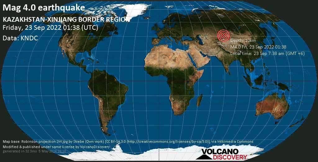 Terremoto moderado mag. 4.0 - Kazakhstan, 89 km NNW of Bole, Bortala Mongol Zizhizhou, Xinjiang, China, viernes, 23 sep 2022 07:38 (GMT +6)