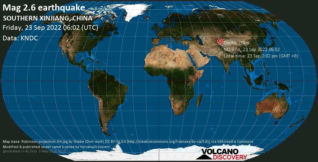 Sismo debile mag. 2.6 - 103 km a ovest da Kashgar, Xinjiang, Cina, venerdì, 23 set 2022 14:02 (GMT +8)