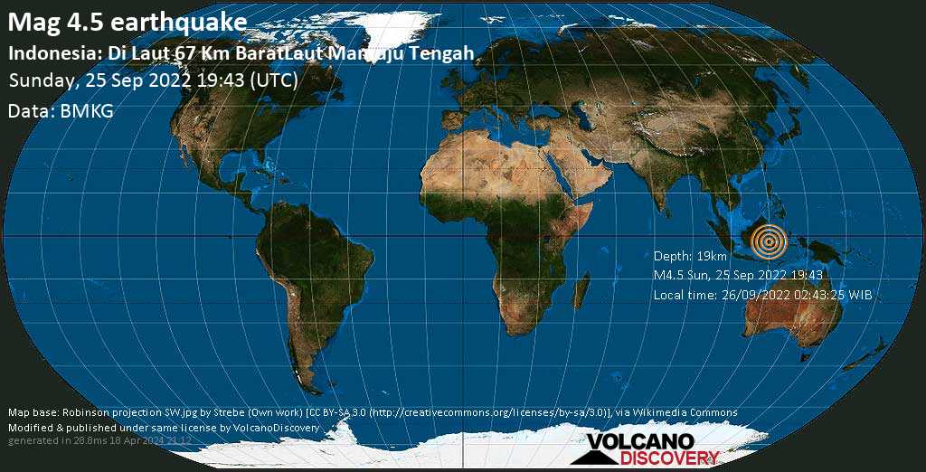 Séisme modéré mag. 4.5 - 82 km au nord de Mamuju, West Sulawesi, Indonésie, lundi, 26 sept. 2022 03:43 (GMT +8)