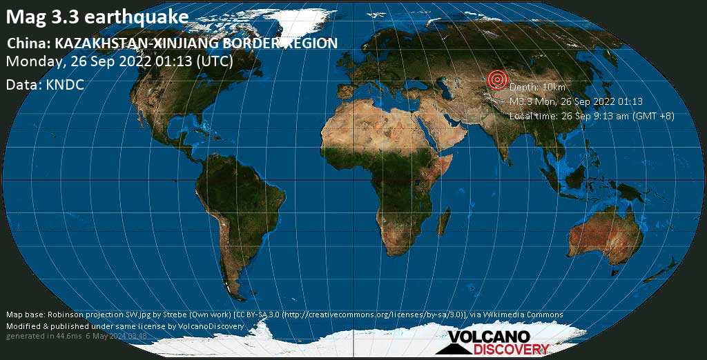 Terremoto leve mag. 3.3 - Kazakhstan, 44 km NNW of Bole, Bortala Mongol Zizhizhou, Xinjiang, China, lunes, 26 sep 2022 09:13 (GMT +8)
