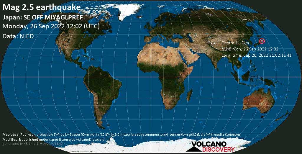 Weak mag. 2.5 earthquake - North Pacific Ocean, 112 km southeast of Ishinomaki, Honshu-miyagi-ken, Japan, on Monday, Sep 26, 2022 at 9:02 pm (GMT +9)