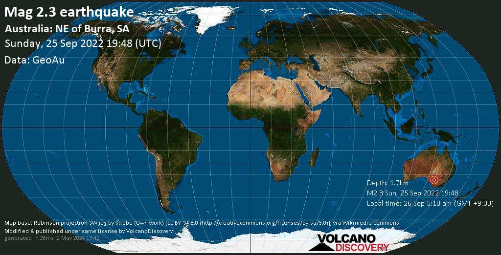 Weak mag. 2.3 earthquake - 48 km northeast of Burra, Goyder, South Australia, on Monday, Sep 26, 2022 at 5:18 am (GMT +9:30)