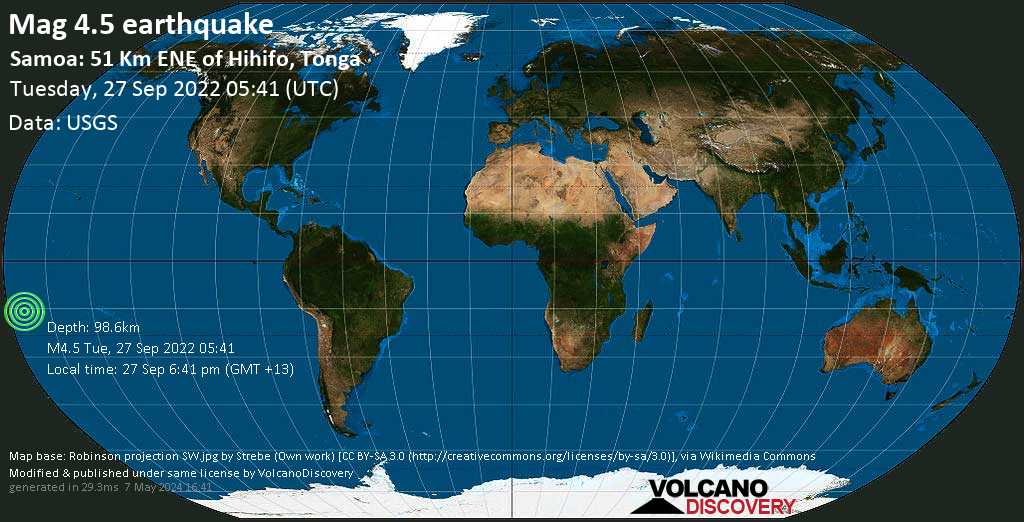 Sismo leggero mag. 4.5 - South Pacific Ocean, 274 km a sud ovest da Apia, Tuamasaga, Samoa, martedì, 27 set 2022 18:41 (GMT +13)