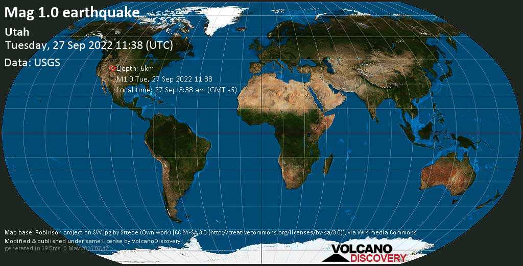 Незначительное землетрясение маг. 1.0 - Utah, Вторник, 27 сен 2022 05:38 (GMT -6)