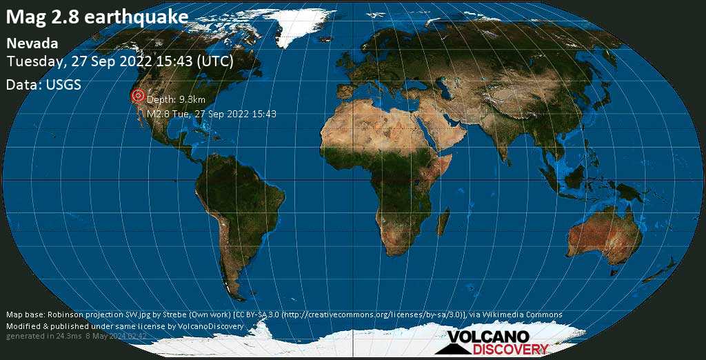Αδύναμος σεισμός μεγέθους 2.8 - 64 km δυτικά από Tonopah, Nye County, Νεβάδα, Ηνωμένες Πολιτείες, Τρίτη, 27 Σεπ 2022 08:43 (GMT -7)