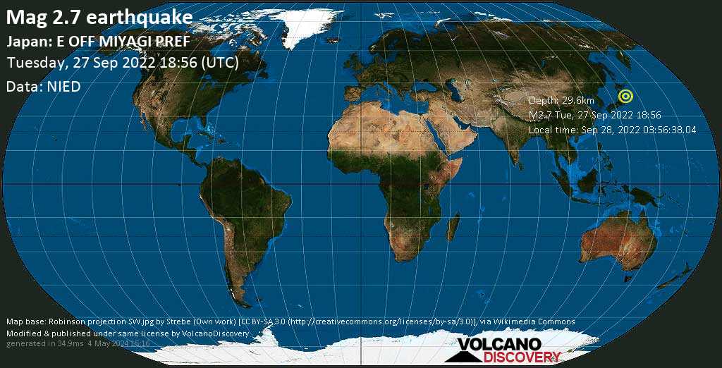 Weak mag. 2.7 earthquake - North Pacific Ocean, 64 km southeast of Ofunato, Ōfunato-shi, Iwate, Japan, on Wednesday, Sep 28, 2022 at 3:56 am (GMT +9)