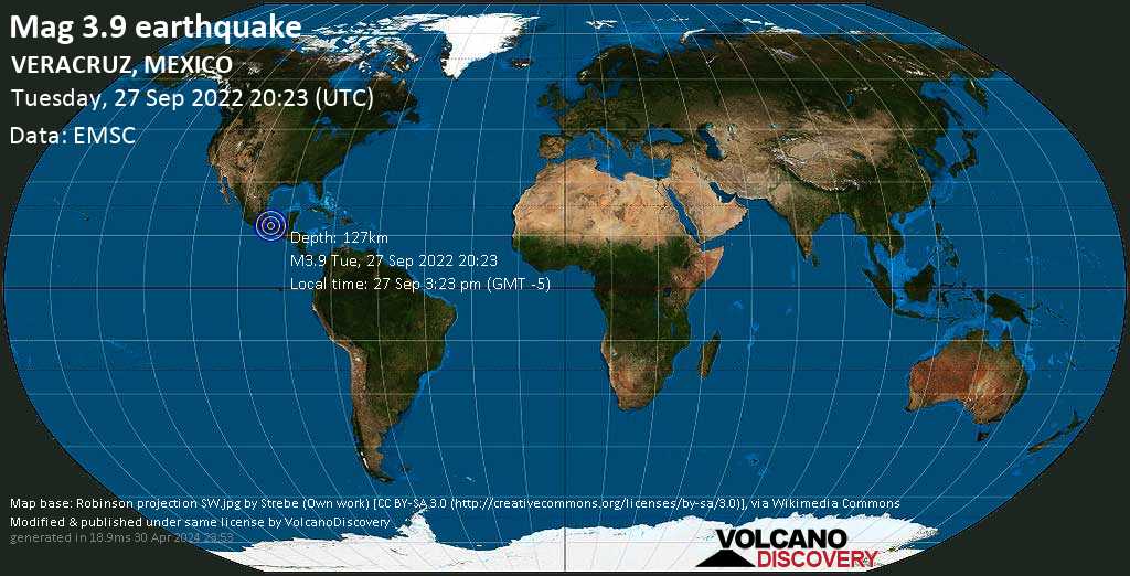 Weak mag. 3.9 earthquake - 51 km southwest of Acayucan, Veracruz, Mexico, on Tuesday, Sep 27, 2022 at 3:23 pm (GMT -5)
