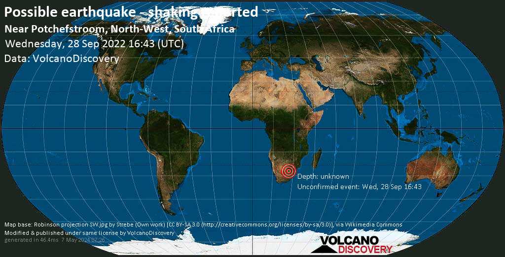 Sismo o evento similar a un terremoto reportado: 1.3 km al noreste de Stilfontein, Sudáfrica, miércoles, 28 sep 2022 18:43 (GMT +2)