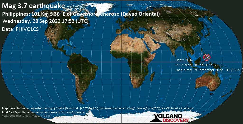 Moderate mag. 3.7 earthquake - Philippine Sea, 123 km south of Mati, Province of Davao Oriental, Philippines, on Thursday, Sep 29, 2022 at 1:53 am (GMT +8)