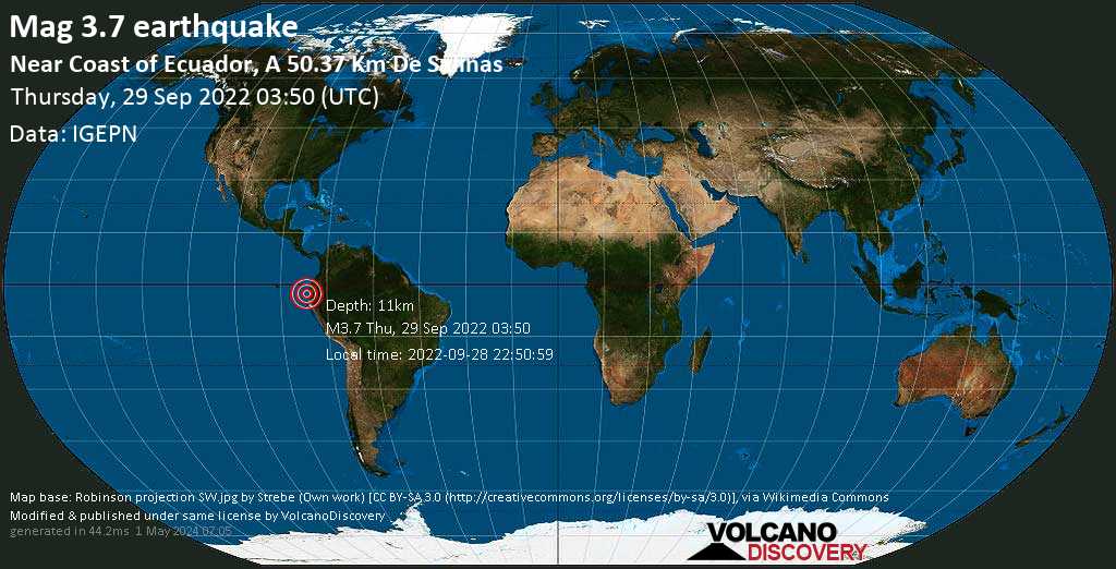 Séisme faible mag. 3.7 - South Pacific Ocean, 52 km au sud-ouest de La Libertad, Équateur, mercredi, 28 sept. 2022 22:50 (GMT -5)