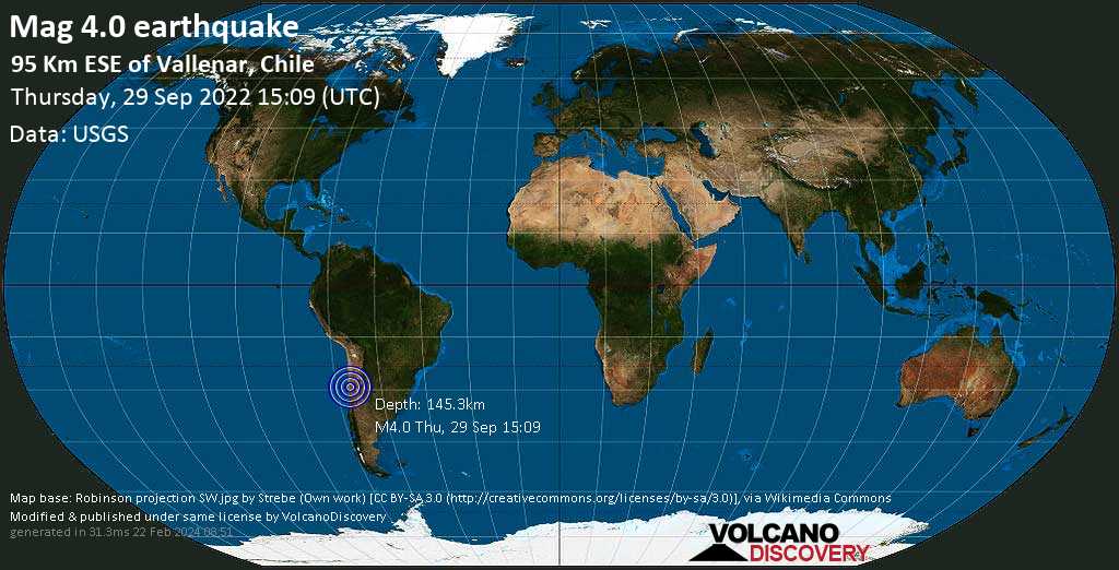 Light mag. 4.0 earthquake - 95 km east of Vallenar, Huasco, Atacama, Chile, on Thursday, Sep 29, 2022 at 12:09 pm (GMT -3)