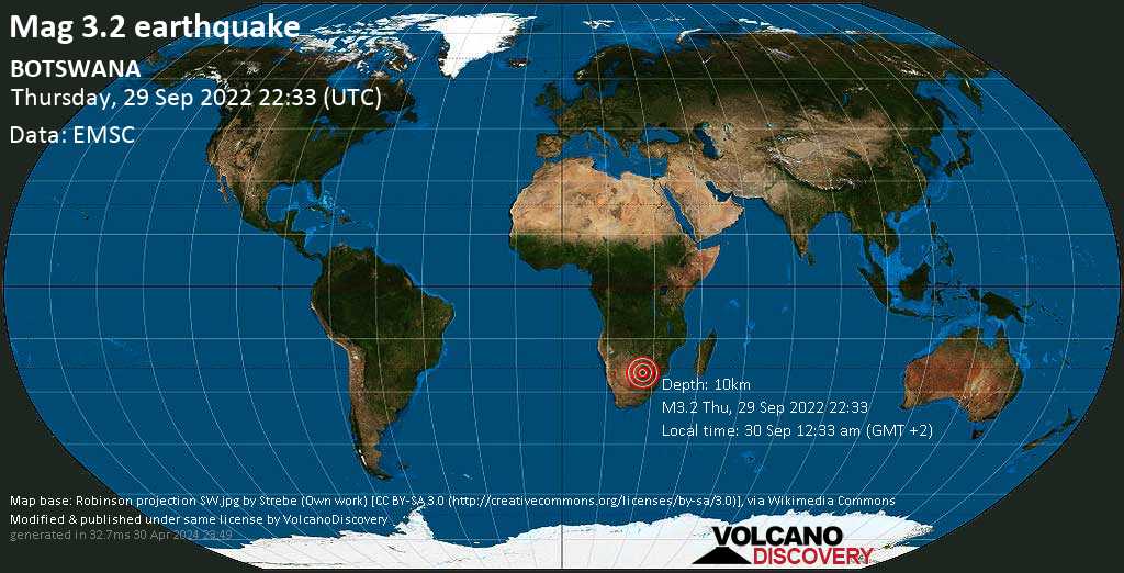 Terremoto leve mag. 3.2 - 37 km ENE of Mochudi, Kgatleng, Botswana, viernes, 30 sep 2022 00:33 (GMT +2)