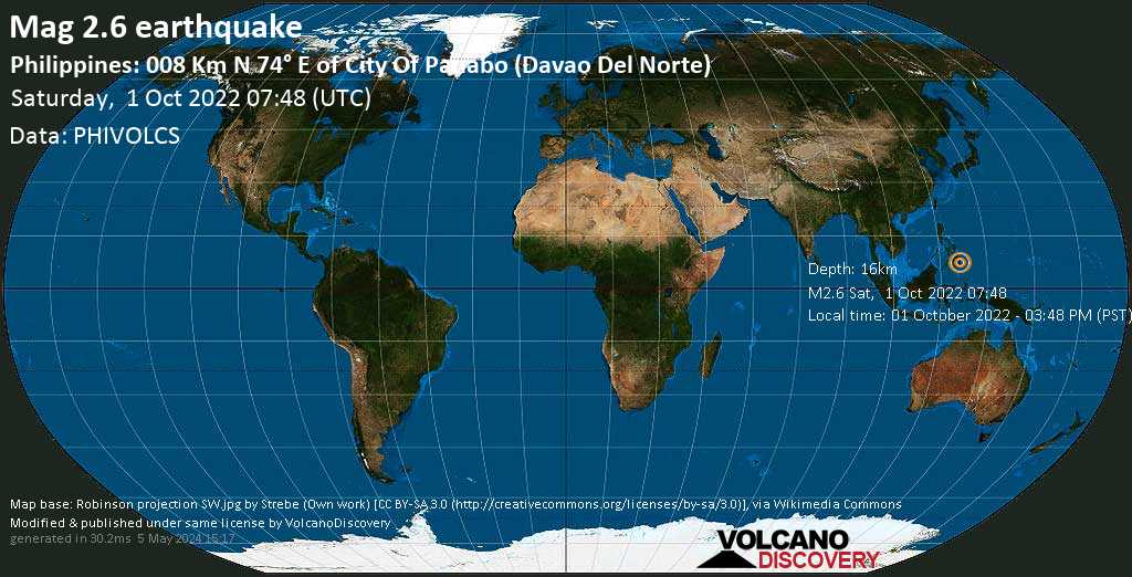 Sismo debile mag. 2.6 - Philippine Sea, 7.3 km a est da Panabo, Davao, Filippine, sabato,  1 ott 2022 15:48 (GMT +8)