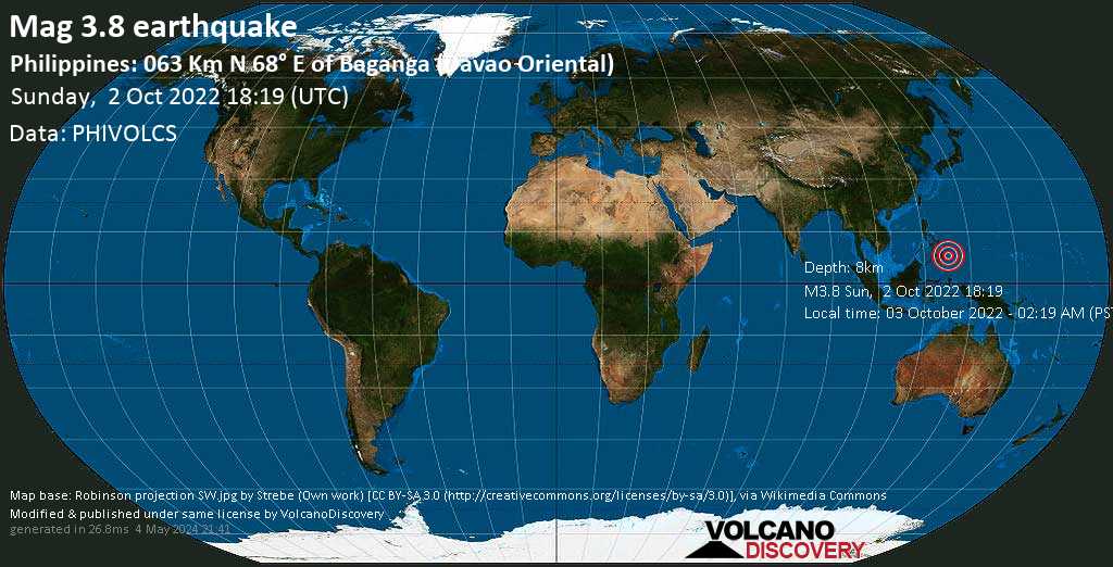 Μέτριος σεισμός μεγέθους 3.8 - Philippine Sea, 97 km νοτιοανατολικά από Bislig City, Φιλιππίνες, Δευτέρα,  3 Οκτ 2022 02:19 (GMT +8)