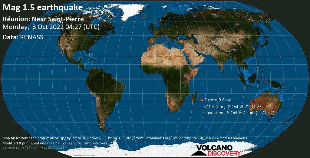Minor mag. 1.5 earthquake - 21 km east of Le Tampon, Reunion, Réunion, on Monday, Oct 3, 2022 at 8:27 am (GMT +4)